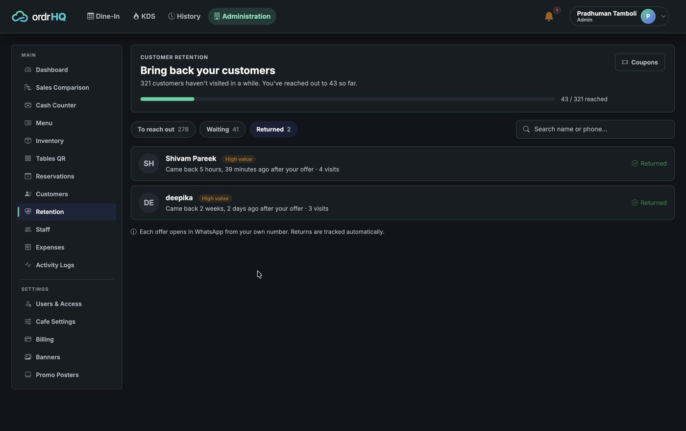 OrdrHQ customer retention and win-back screen