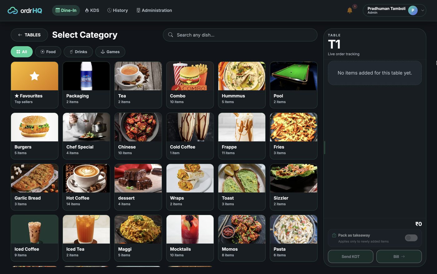 OrdrHQ dine-in menu and ordering screen