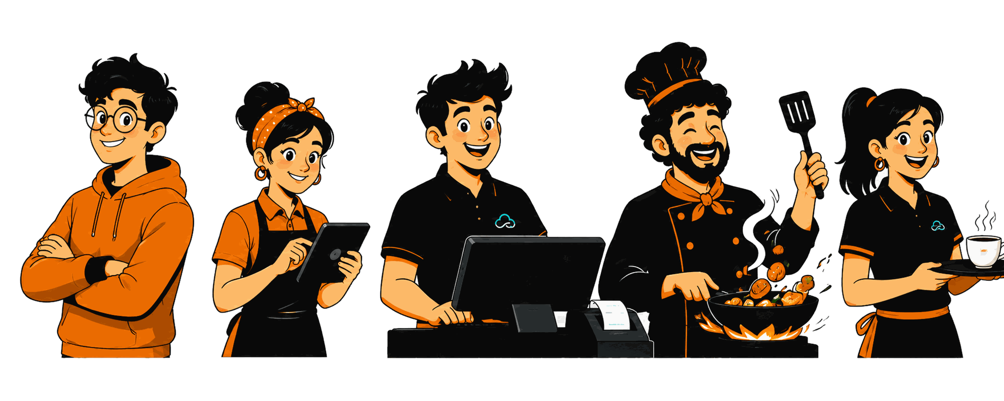 OrdrHQ team — cafe owner, waiter, cashier, chef and server