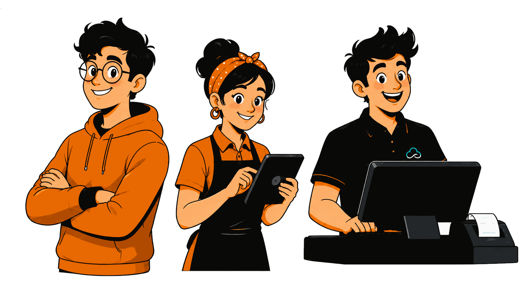 OrdrHQ owner, waiter and cashier characters