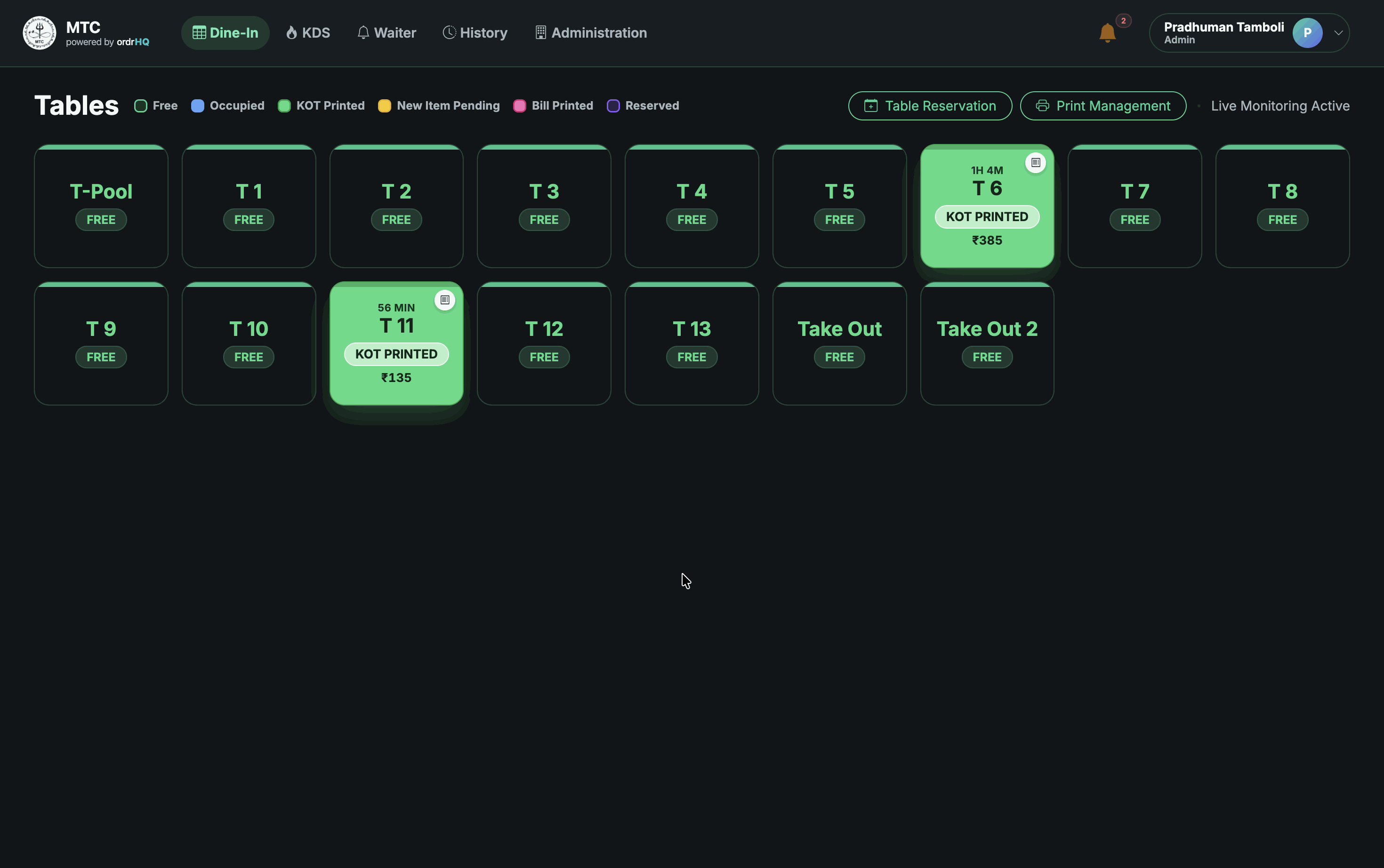 OrdrHQ live table status screen for cafes