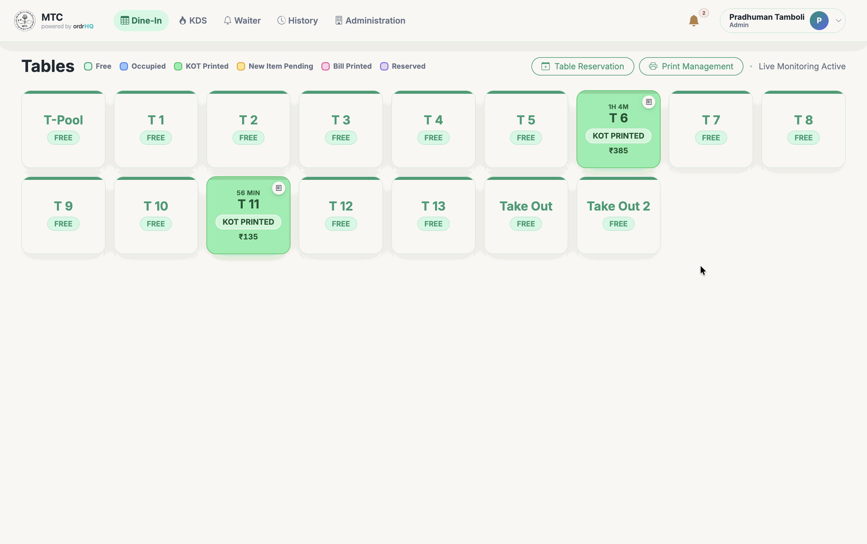 OrdrHQ live table status screen for cafes